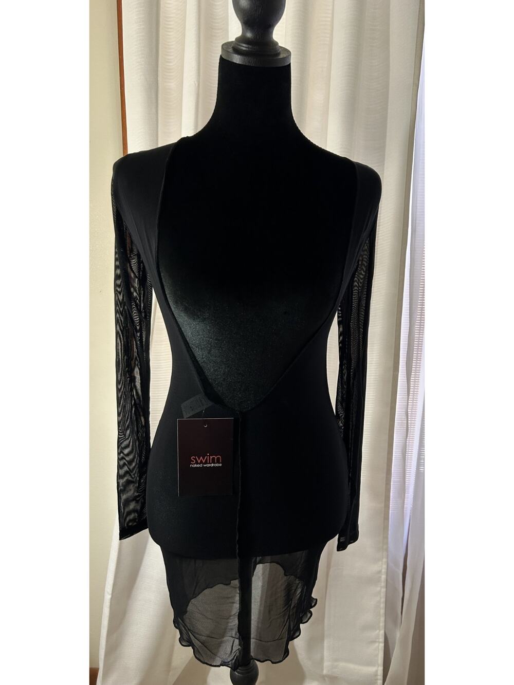 Naked Wardrobe NWT Black Mesh Long Sleeve Mini Coverup Dress Black Size Small